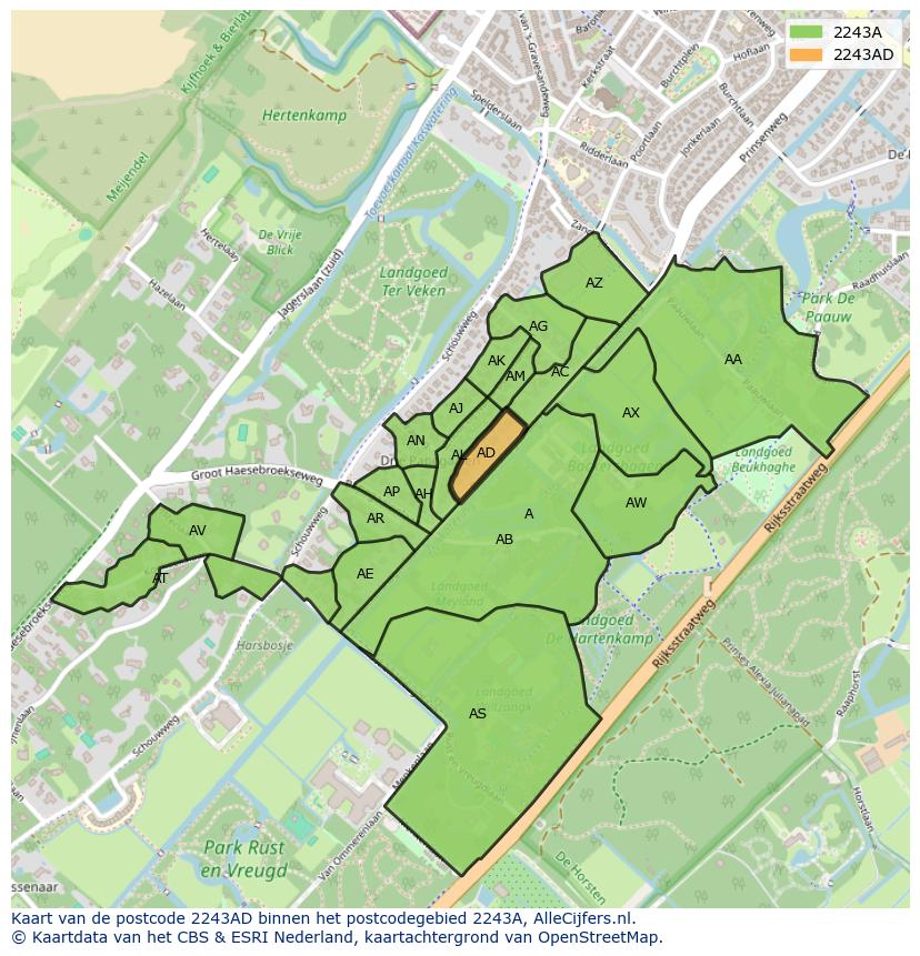 Afbeelding van het postcodegebied 2243 AD op de kaart.
