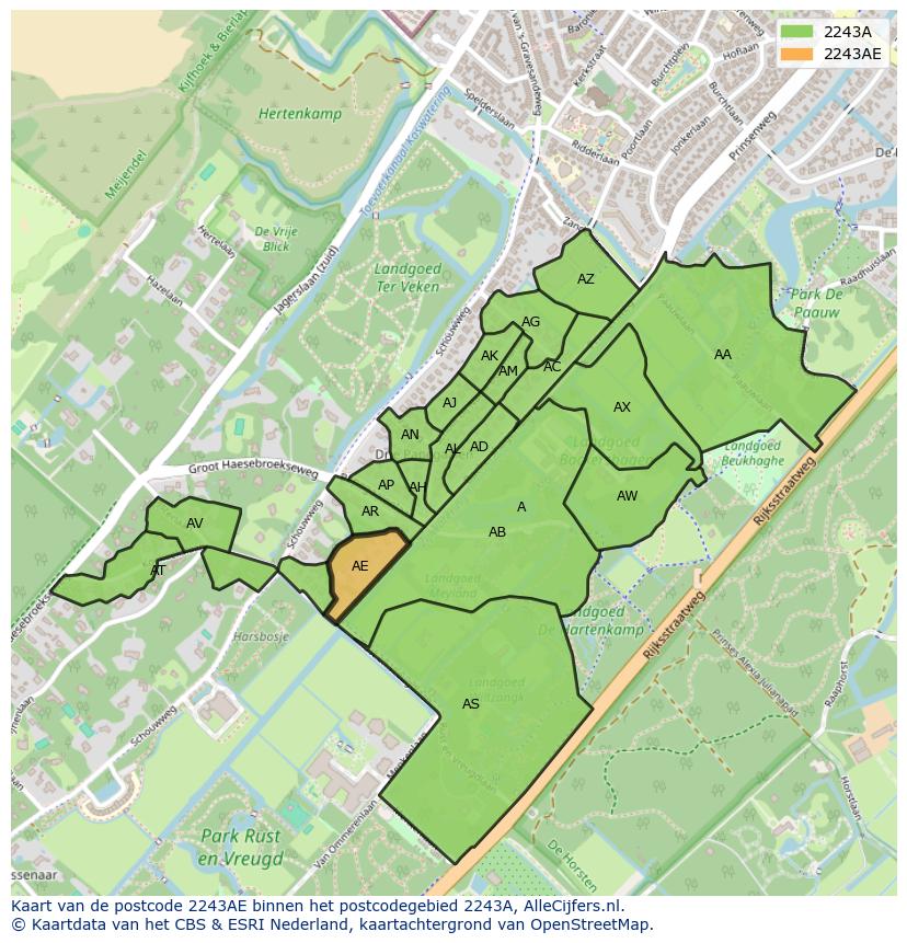 Afbeelding van het postcodegebied 2243 AE op de kaart.