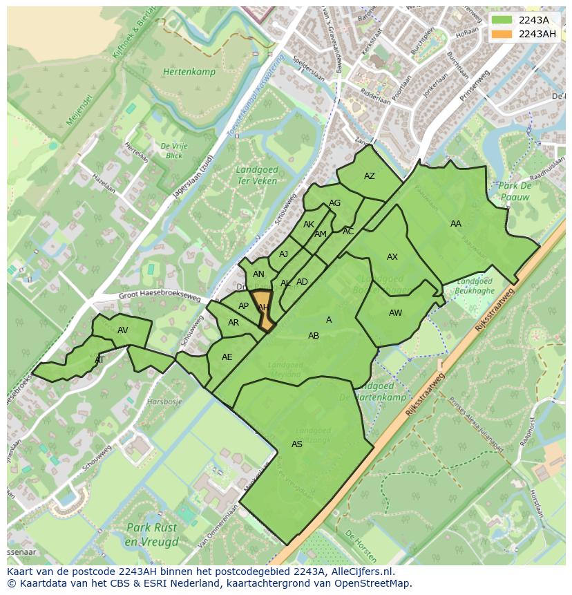 Afbeelding van het postcodegebied 2243 AH op de kaart.