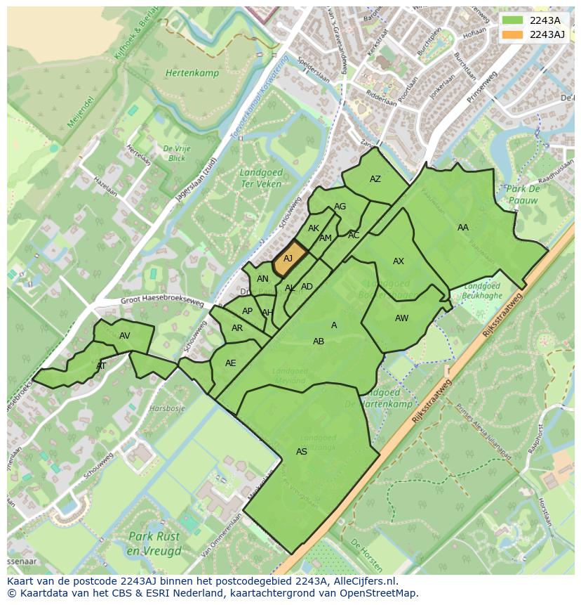 Afbeelding van het postcodegebied 2243 AJ op de kaart.