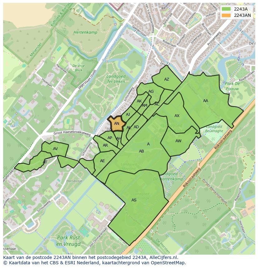 Afbeelding van het postcodegebied 2243 AN op de kaart.