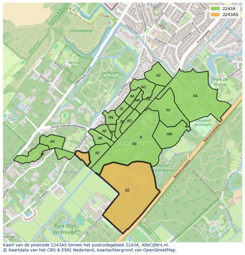 Afbeelding van het postcodegebied 2243 AS op de kaart.
