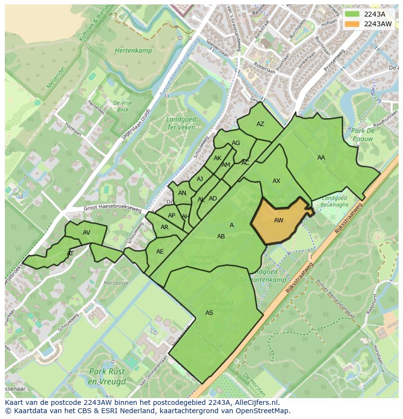 Afbeelding van het postcodegebied 2243 AW op de kaart.
