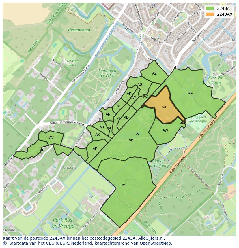 Afbeelding van het postcodegebied 2243 AX op de kaart.