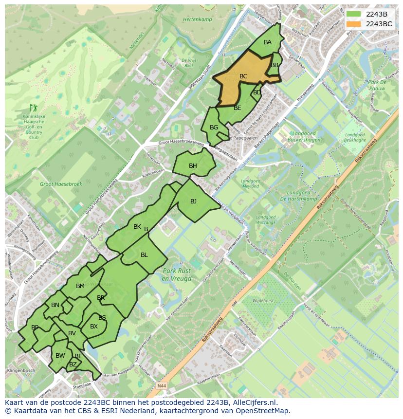 Afbeelding van het postcodegebied 2243 BC op de kaart.