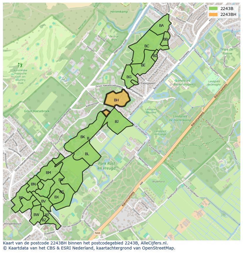 Afbeelding van het postcodegebied 2243 BH op de kaart.