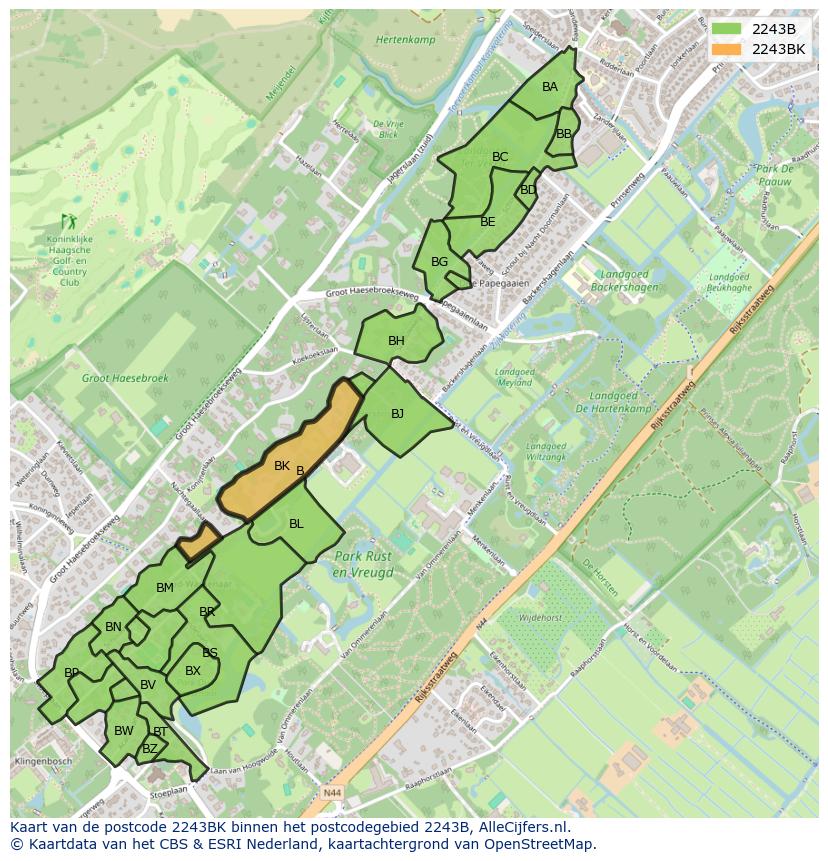 Afbeelding van het postcodegebied 2243 BK op de kaart.