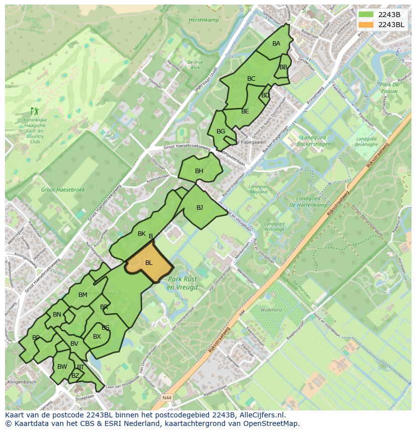 Afbeelding van het postcodegebied 2243 BL op de kaart.