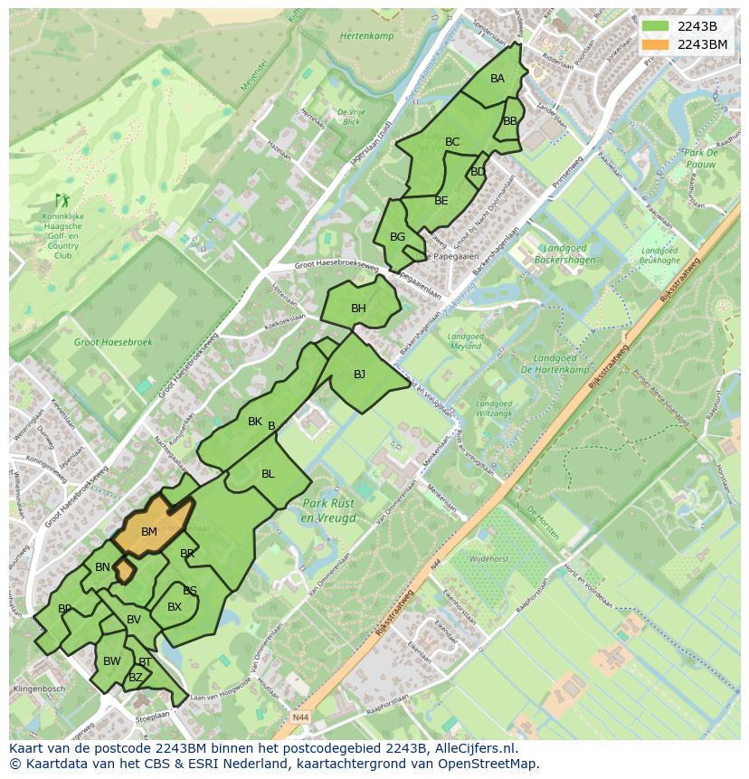 Afbeelding van het postcodegebied 2243 BM op de kaart.
