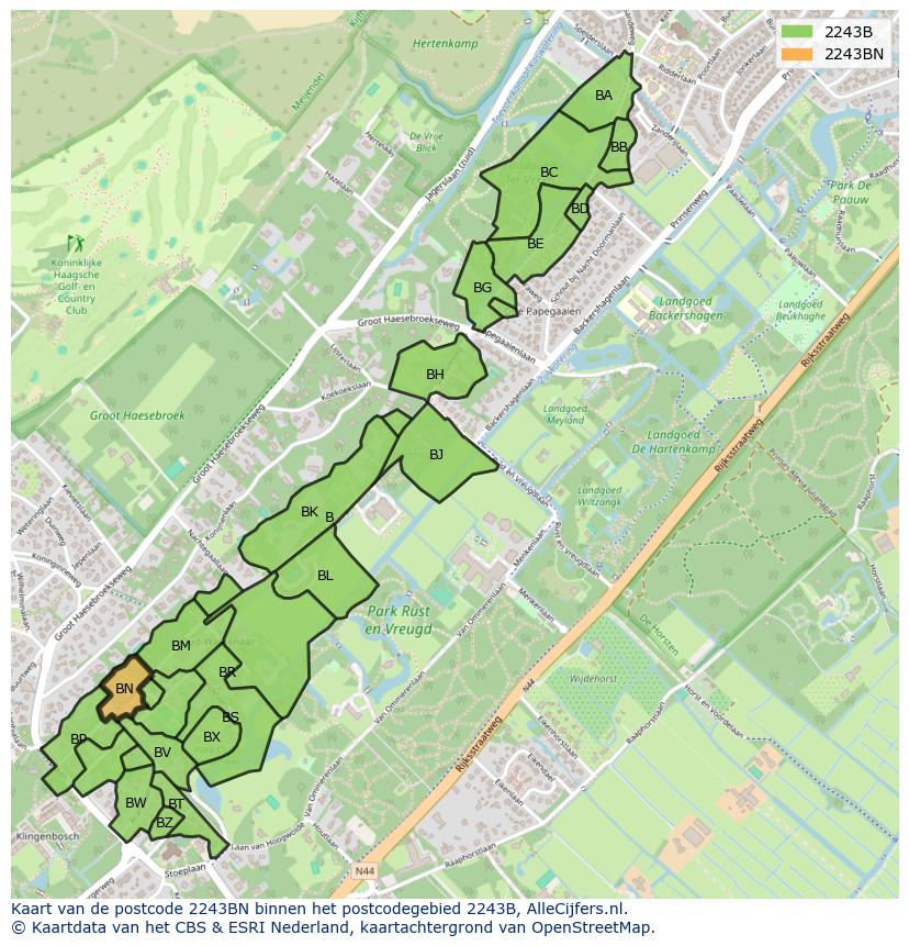 Afbeelding van het postcodegebied 2243 BN op de kaart.
