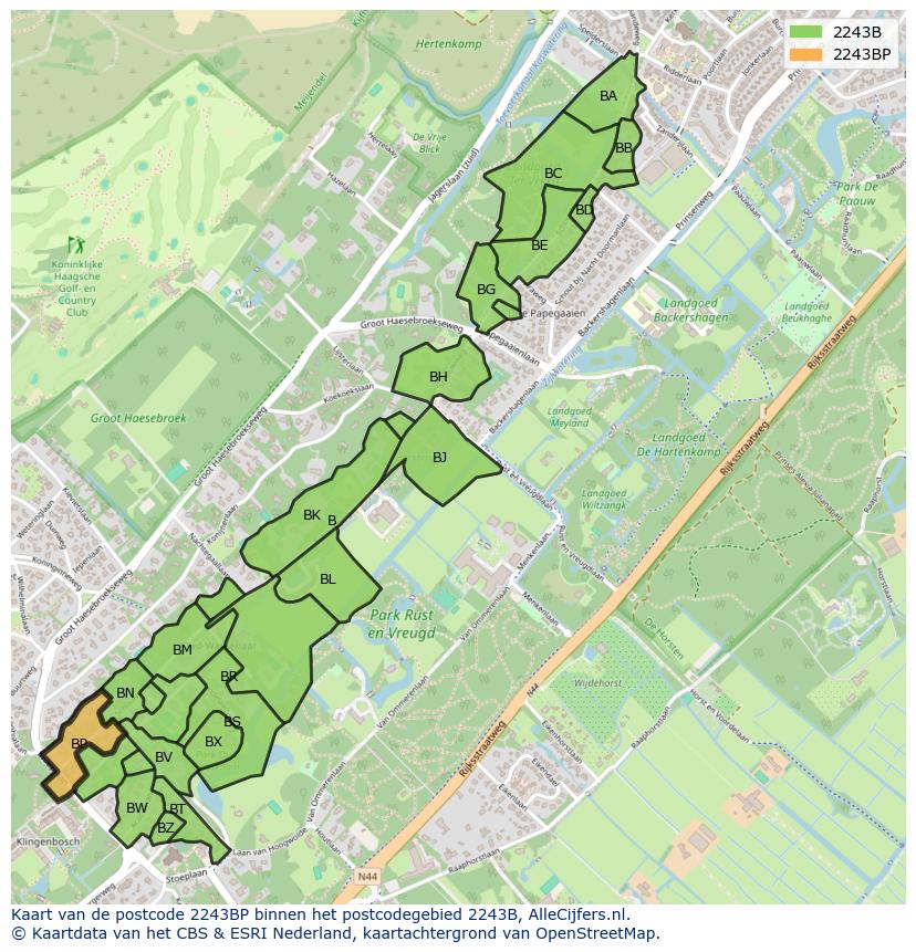 Afbeelding van het postcodegebied 2243 BP op de kaart.