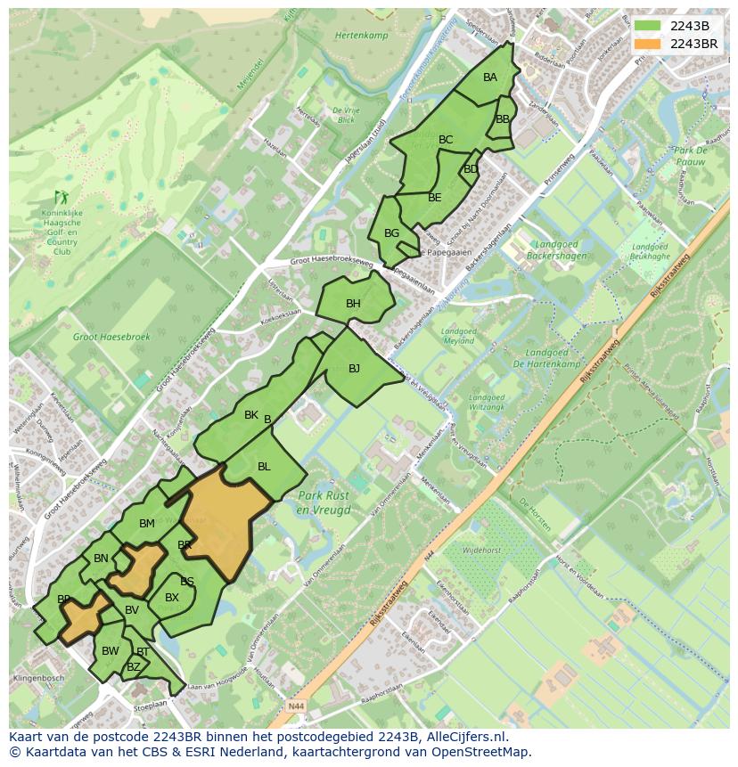 Afbeelding van het postcodegebied 2243 BR op de kaart.