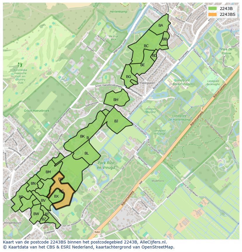 Afbeelding van het postcodegebied 2243 BS op de kaart.