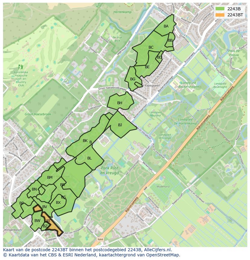 Afbeelding van het postcodegebied 2243 BT op de kaart.