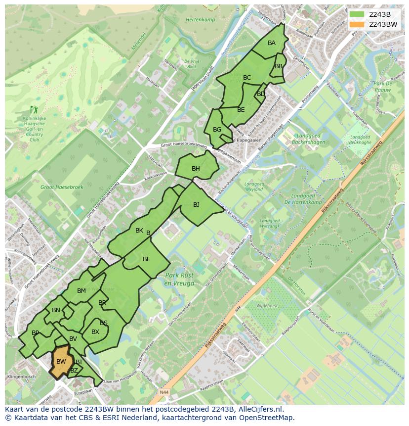 Afbeelding van het postcodegebied 2243 BW op de kaart.