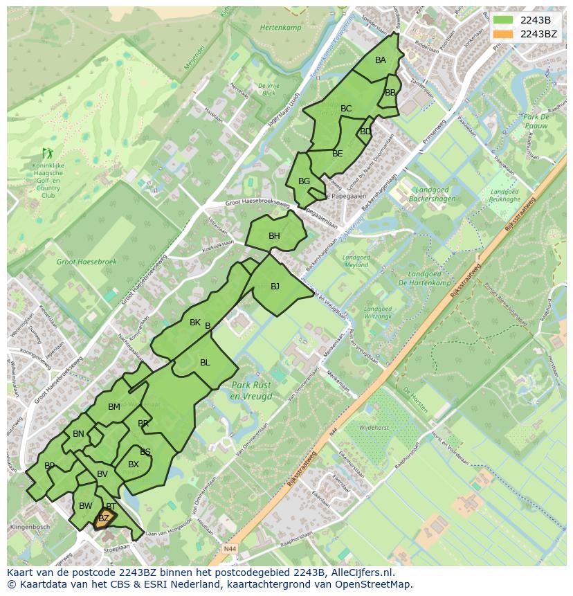 Afbeelding van het postcodegebied 2243 BZ op de kaart.