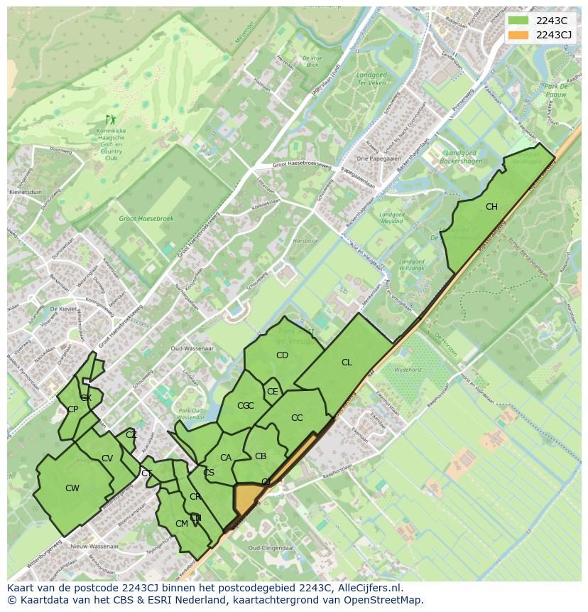 Afbeelding van het postcodegebied 2243 CJ op de kaart.
