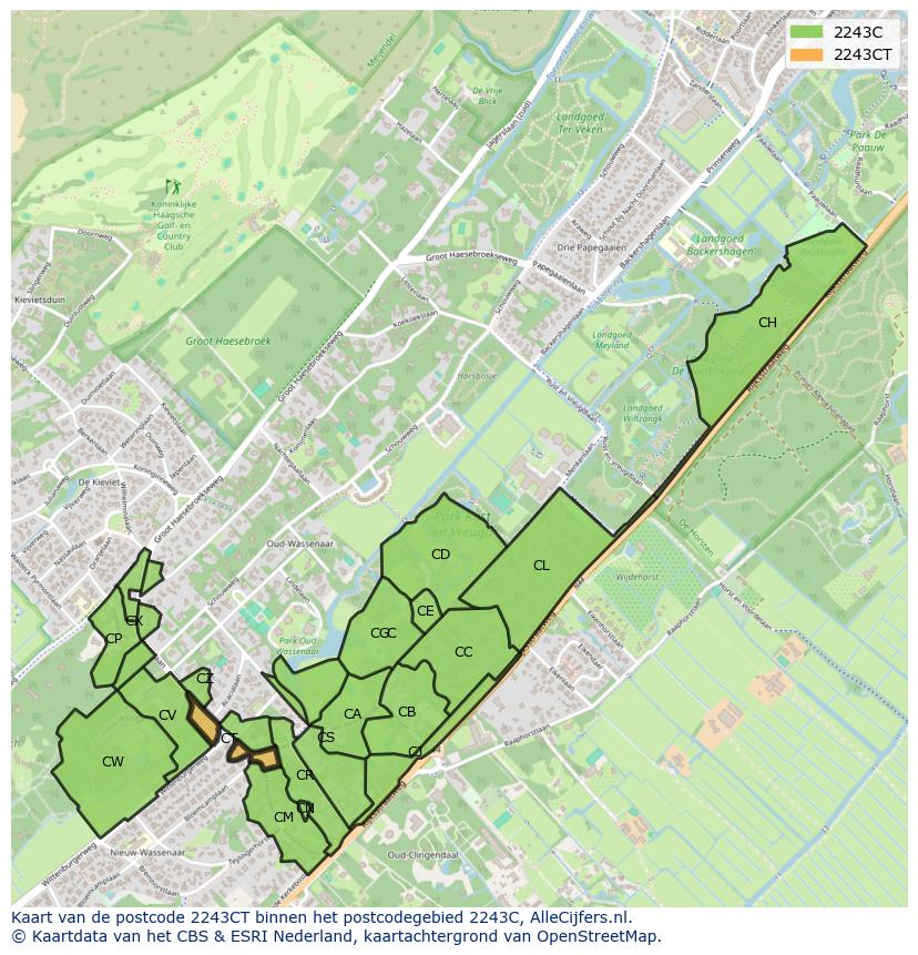 Afbeelding van het postcodegebied 2243 CT op de kaart.