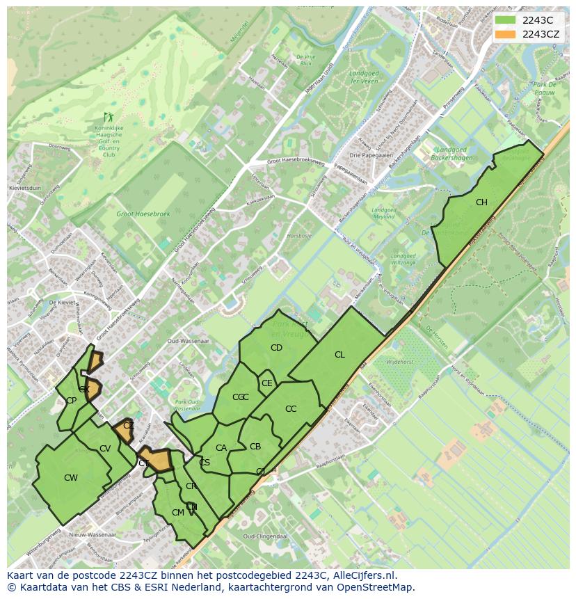 Afbeelding van het postcodegebied 2243 CZ op de kaart.