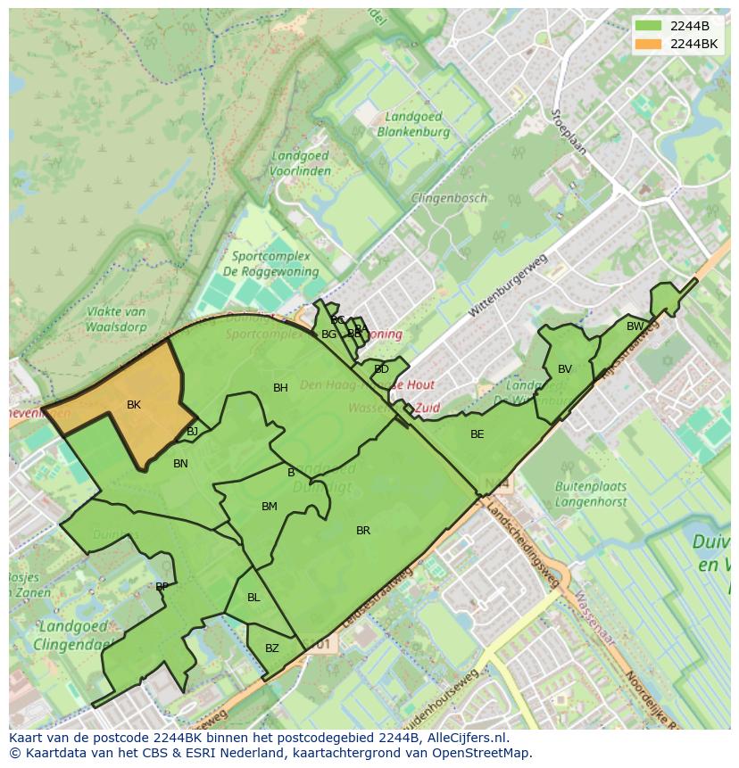 Afbeelding van het postcodegebied 2244 BK op de kaart.