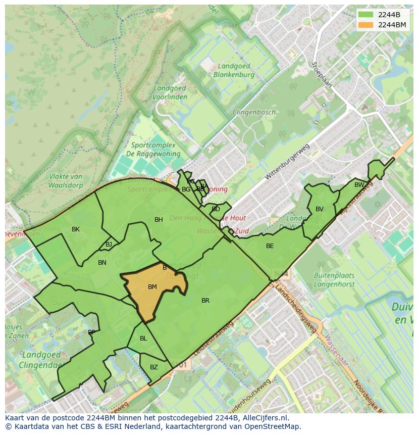 Afbeelding van het postcodegebied 2244 BM op de kaart.