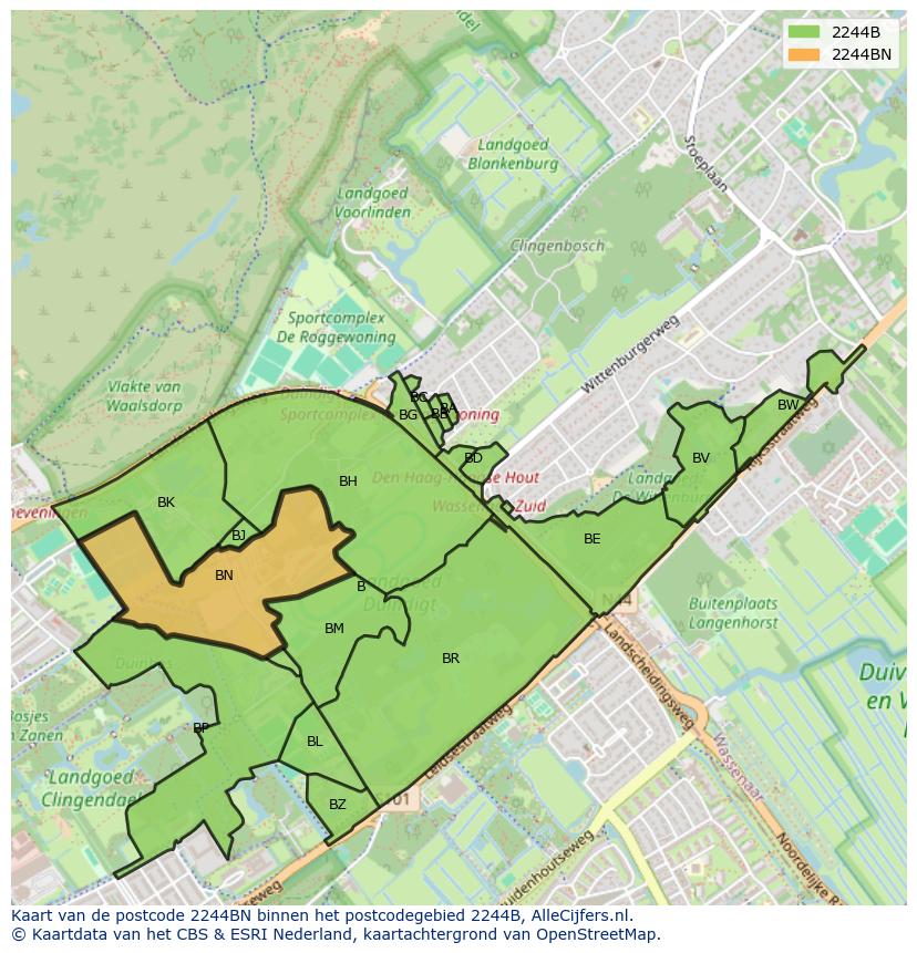 Afbeelding van het postcodegebied 2244 BN op de kaart.