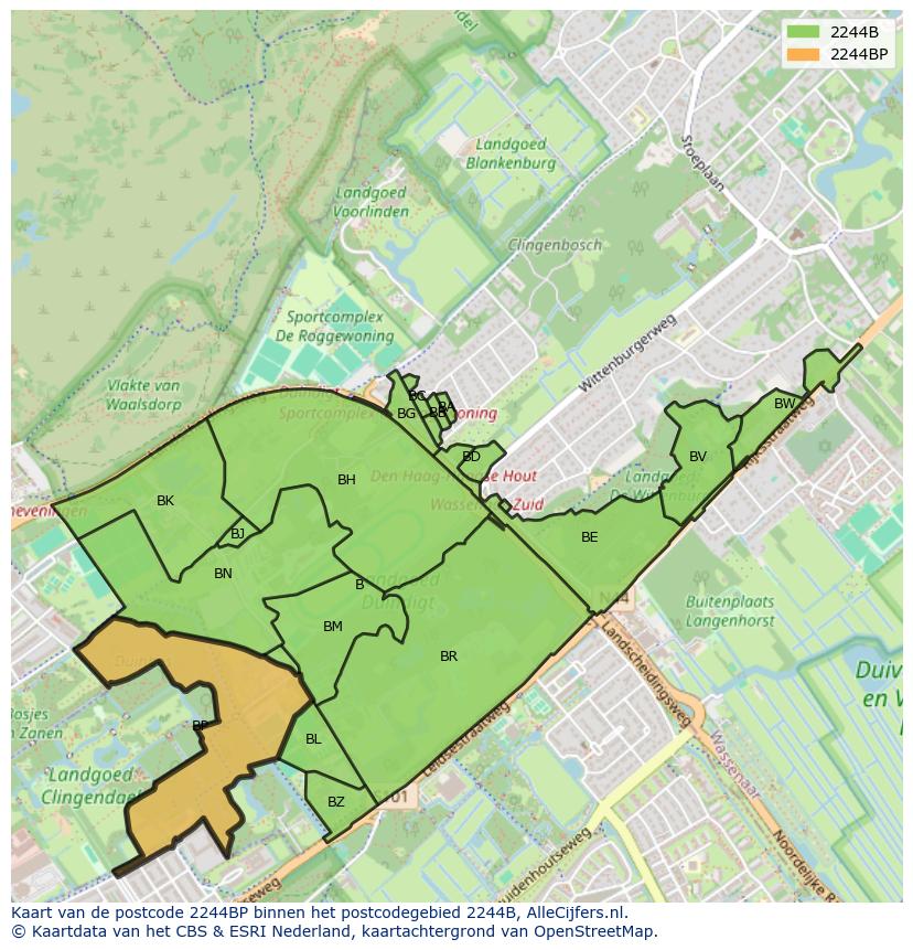 Afbeelding van het postcodegebied 2244 BP op de kaart.