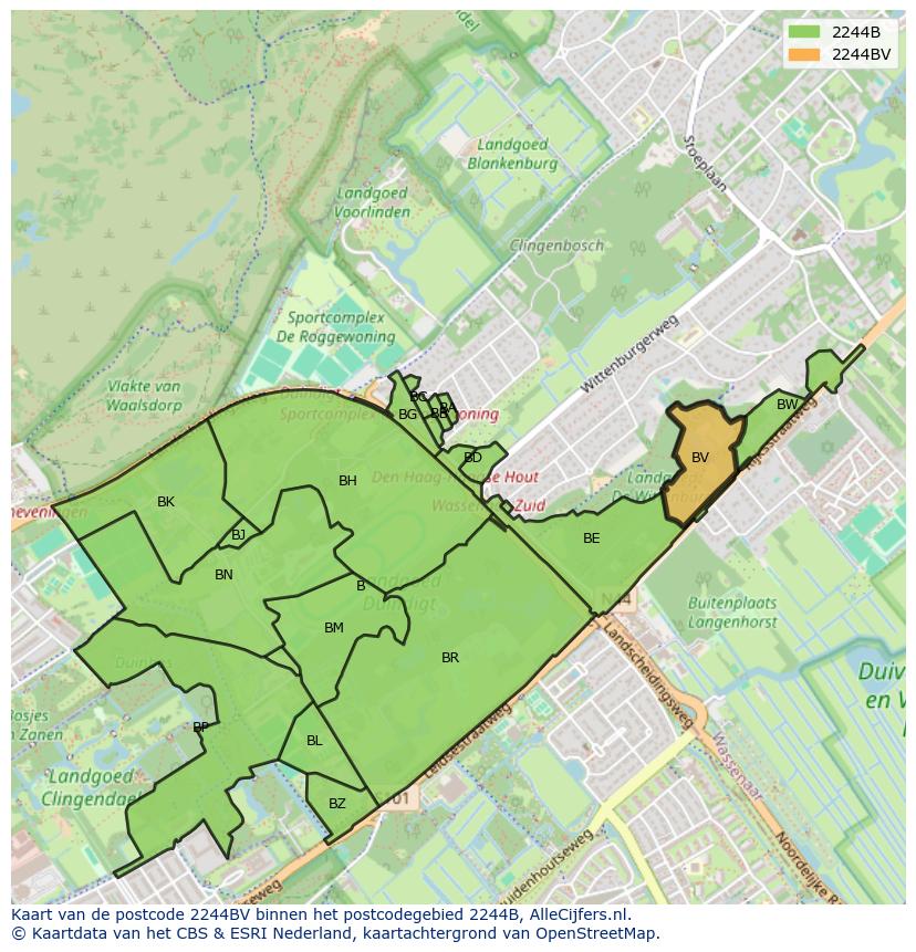 Afbeelding van het postcodegebied 2244 BV op de kaart.