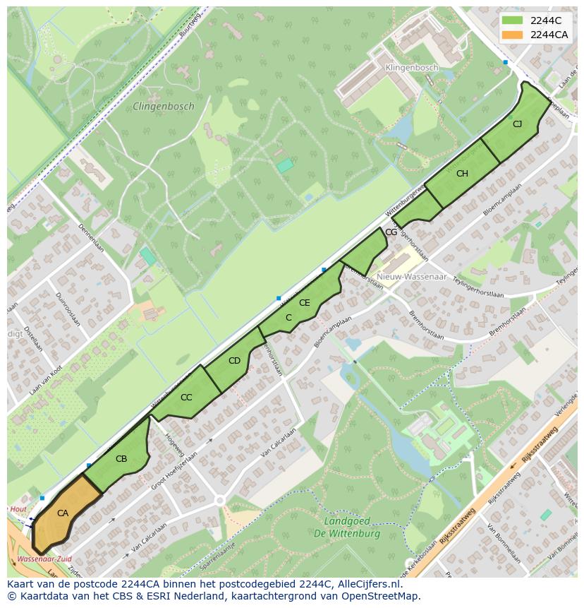 Afbeelding van het postcodegebied 2244 CA op de kaart.