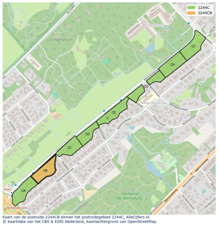 Afbeelding van het postcodegebied 2244 CB op de kaart.