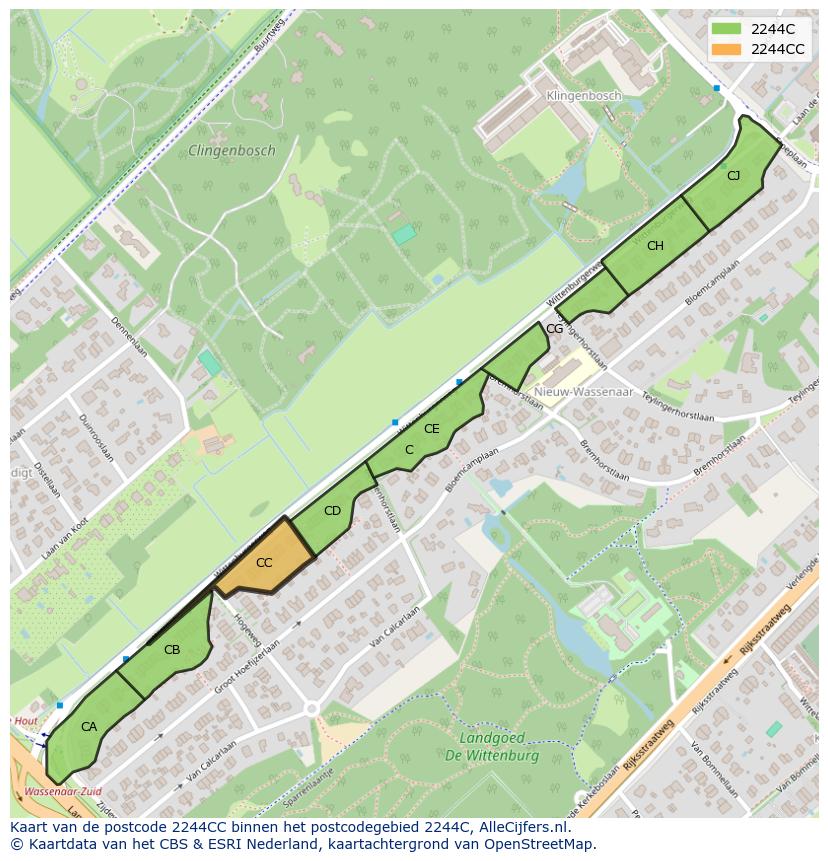 Afbeelding van het postcodegebied 2244 CC op de kaart.