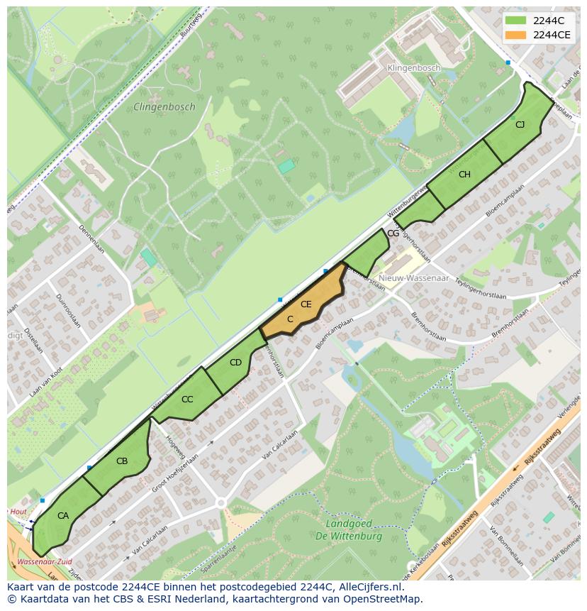 Afbeelding van het postcodegebied 2244 CE op de kaart.