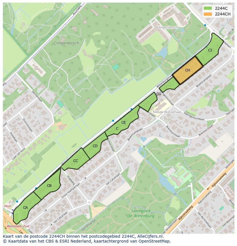 Afbeelding van het postcodegebied 2244 CH op de kaart.