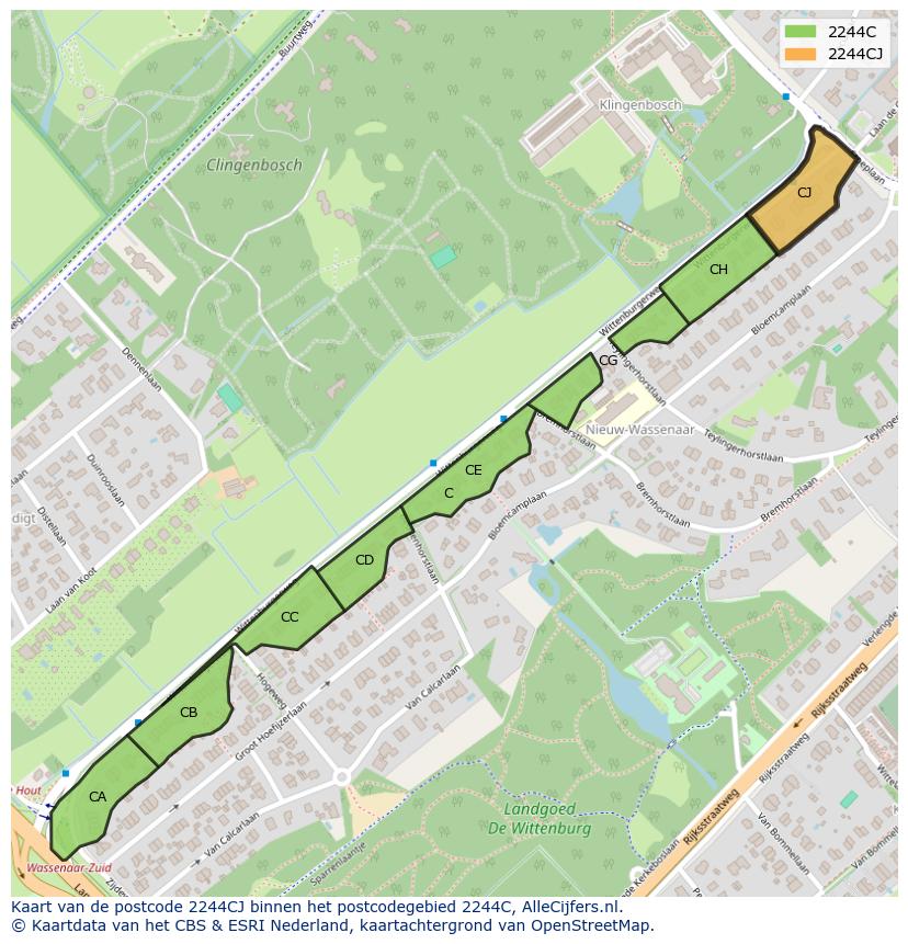 Afbeelding van het postcodegebied 2244 CJ op de kaart.