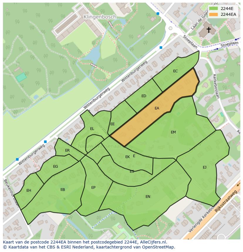 Afbeelding van het postcodegebied 2244 EA op de kaart.