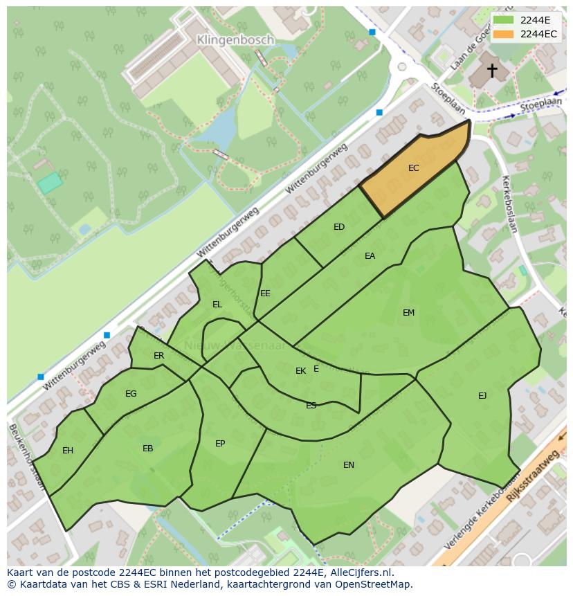 Afbeelding van het postcodegebied 2244 EC op de kaart.
