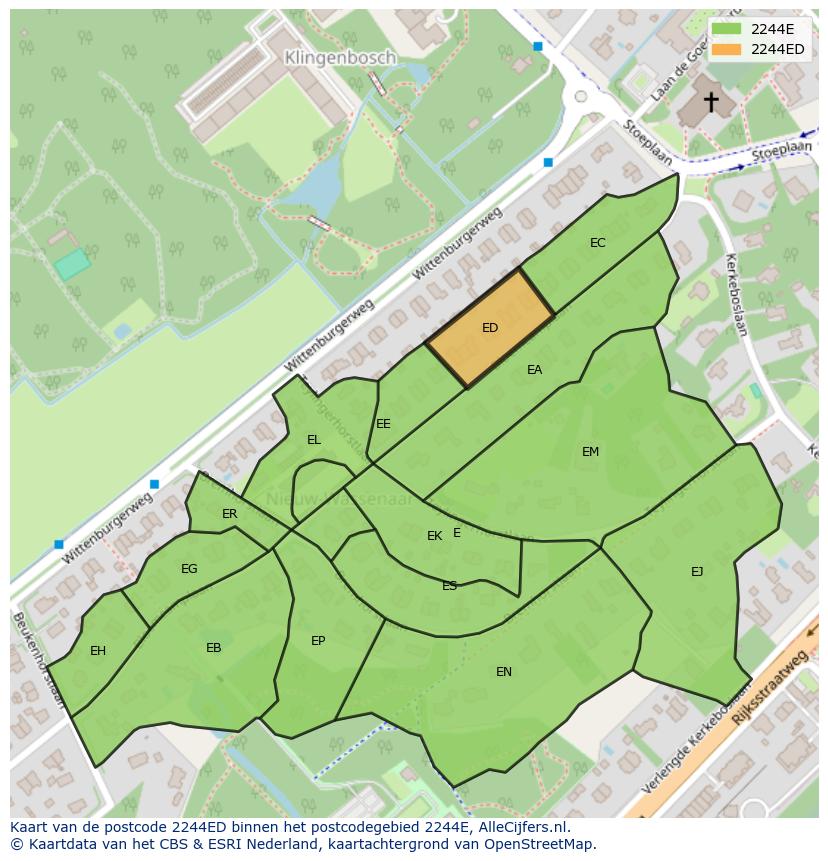 Afbeelding van het postcodegebied 2244 ED op de kaart.