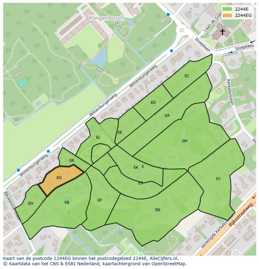 Afbeelding van het postcodegebied 2244 EG op de kaart.