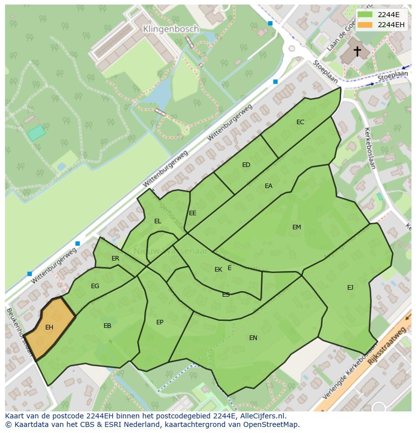 Afbeelding van het postcodegebied 2244 EH op de kaart.