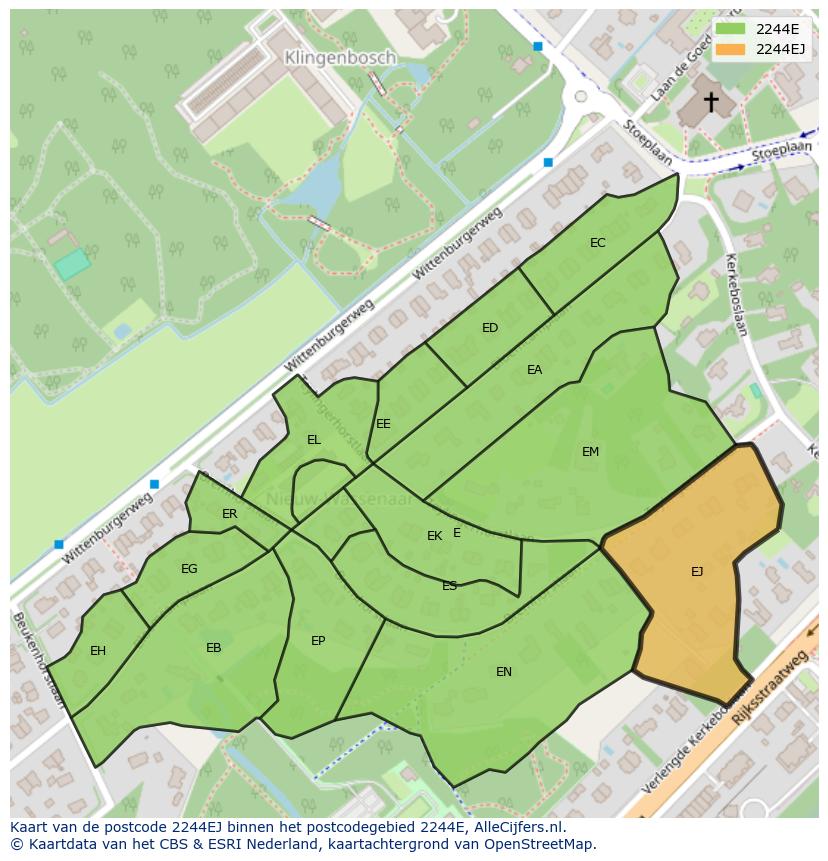 Afbeelding van het postcodegebied 2244 EJ op de kaart.