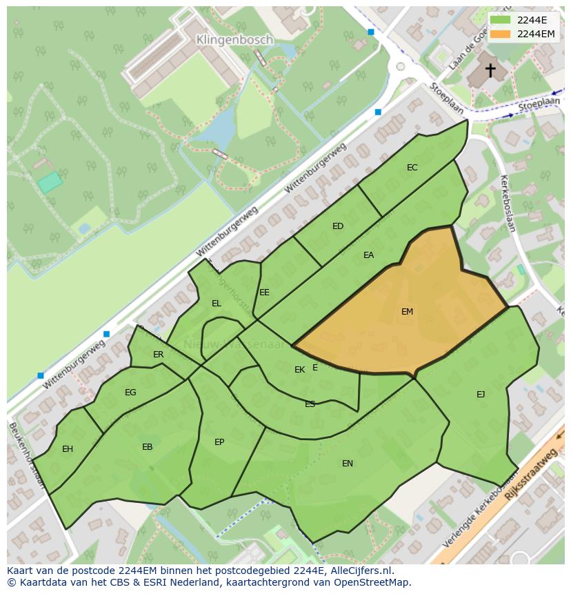 Afbeelding van het postcodegebied 2244 EM op de kaart.