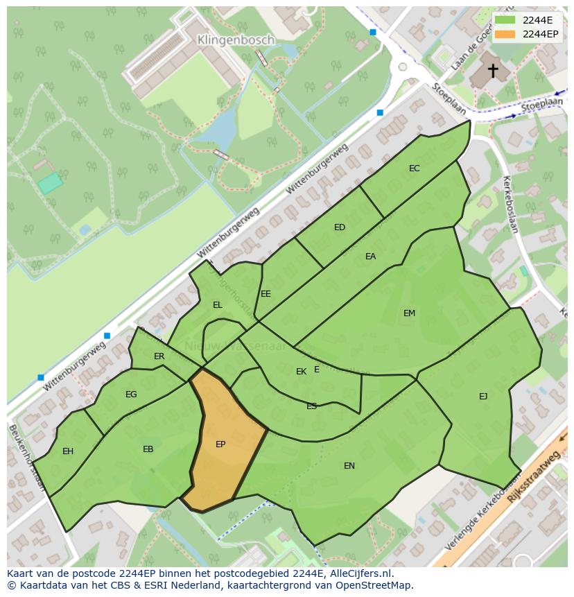 Afbeelding van het postcodegebied 2244 EP op de kaart.