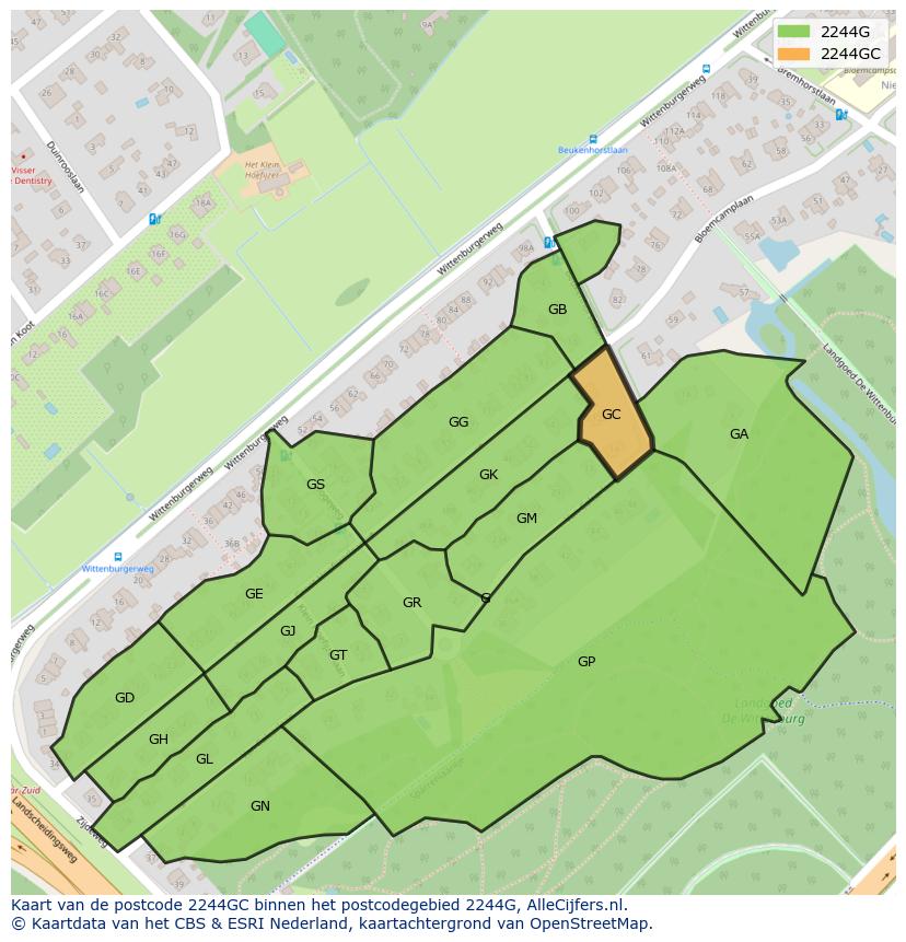 Afbeelding van het postcodegebied 2244 GC op de kaart.
