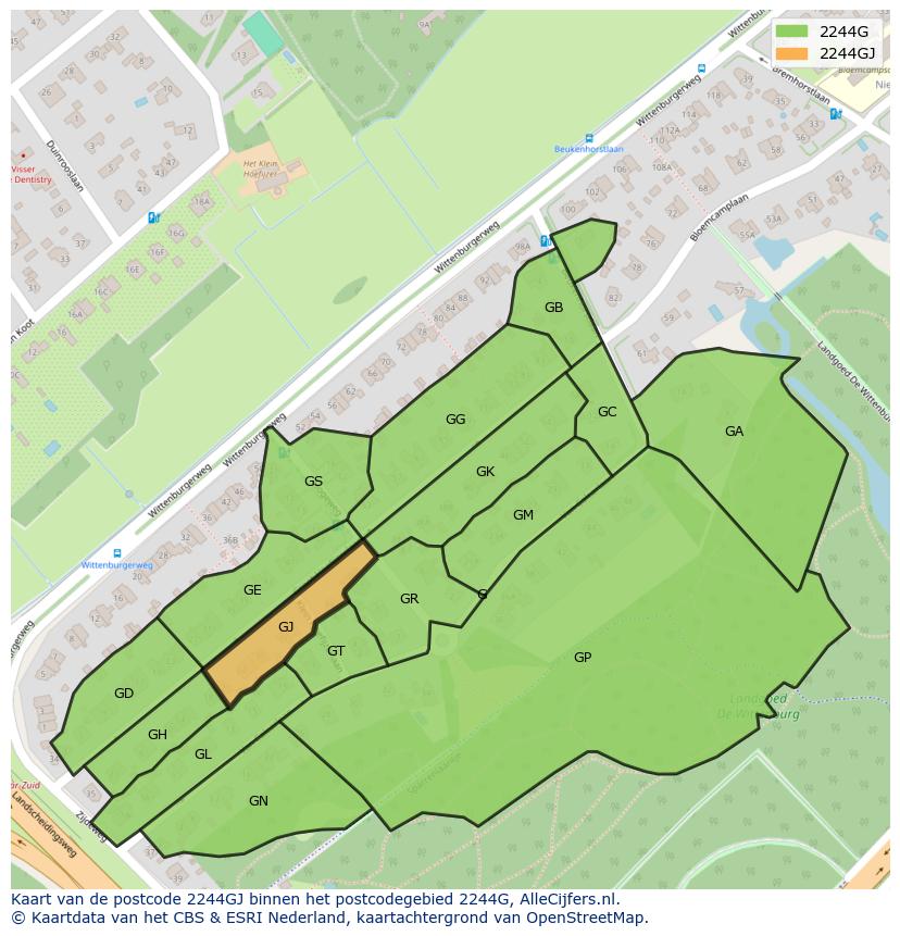Afbeelding van het postcodegebied 2244 GJ op de kaart.
