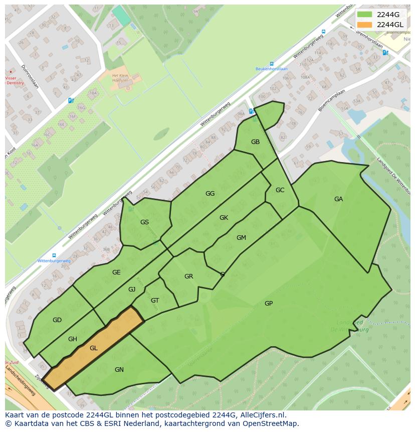 Afbeelding van het postcodegebied 2244 GL op de kaart.