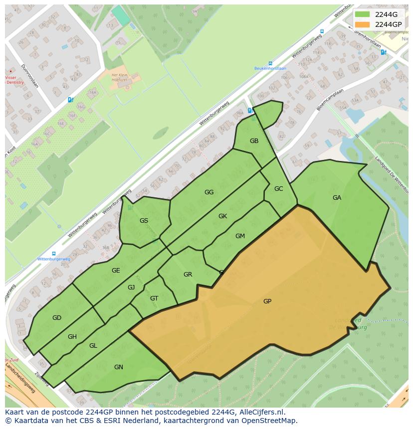 Afbeelding van het postcodegebied 2244 GP op de kaart.
