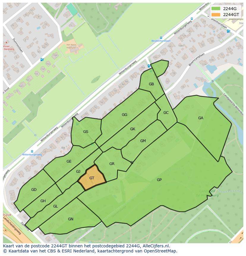 Afbeelding van het postcodegebied 2244 GT op de kaart.