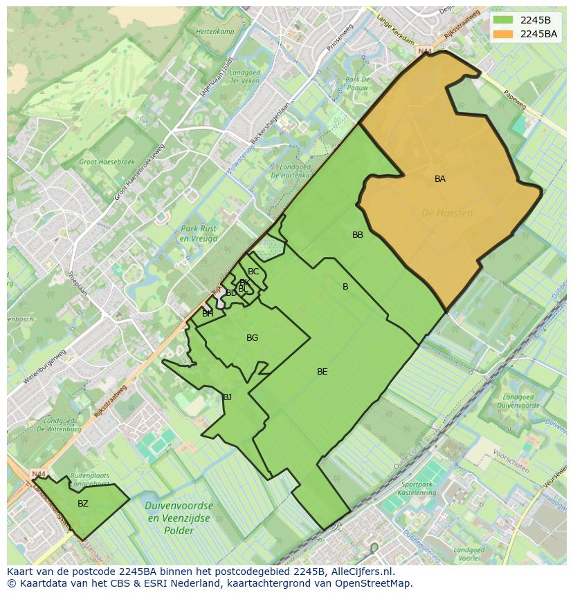 Afbeelding van het postcodegebied 2245 BA op de kaart.