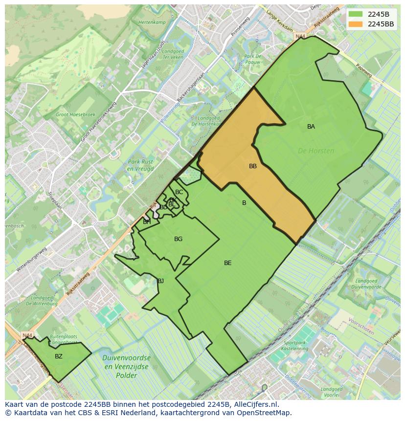 Afbeelding van het postcodegebied 2245 BB op de kaart.
