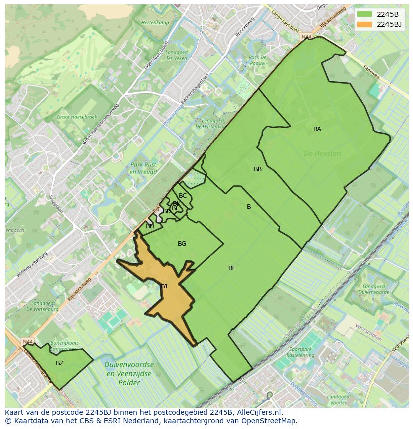 Afbeelding van het postcodegebied 2245 BJ op de kaart.